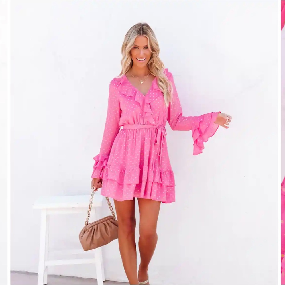 Ruffled V-Neck Tie-Waist Pink Mini Dress